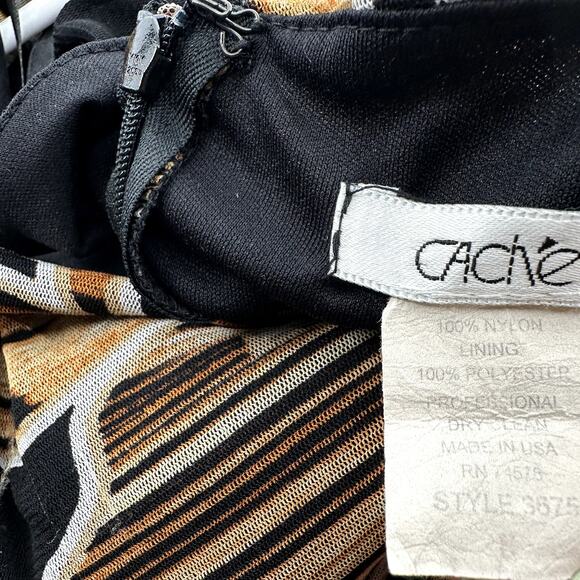 Vintage Cache Floral Halter Sheath Midi Dress V Neck Twist Y2K Tan Black S - Picture 3 of 4